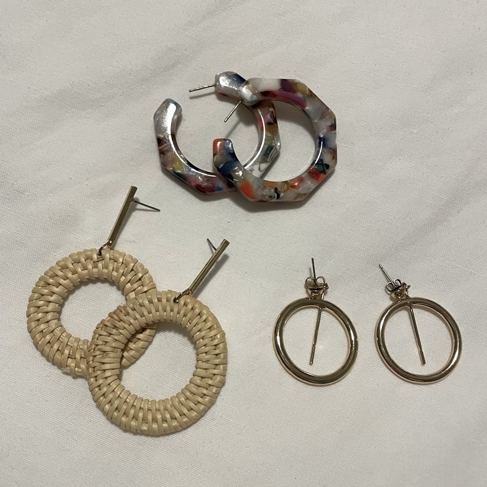 Assortment of 3 Sets of Earrings - Acrylic Multicolor Hoops, Rattan, and Gold